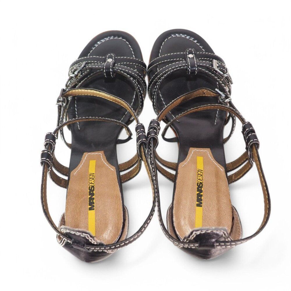 Manas Designs Strappy Leather Heeled Slingback Sandals Black Brown Women's 9/40 - Picture 10 of 10
